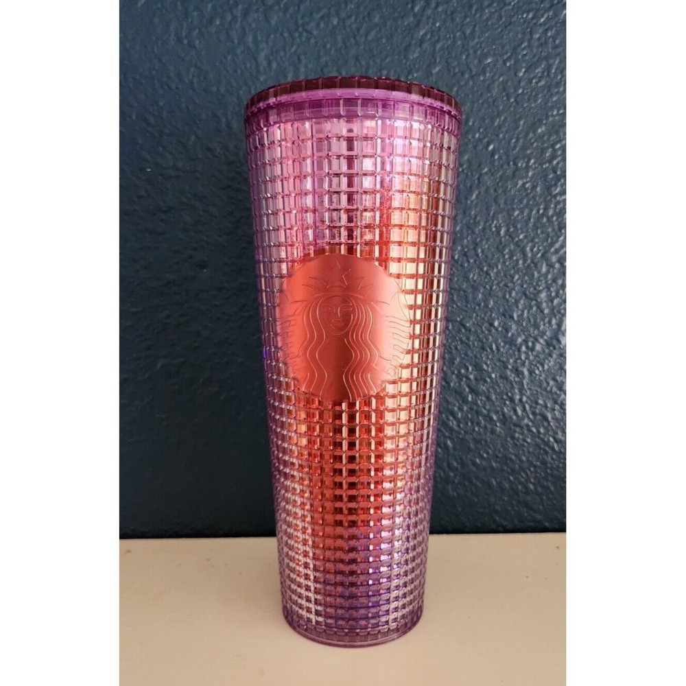 Starbucks 2021 Summer Pink/Red Purple Gradient Grid Disco 24oz Tumbler NO STRAW